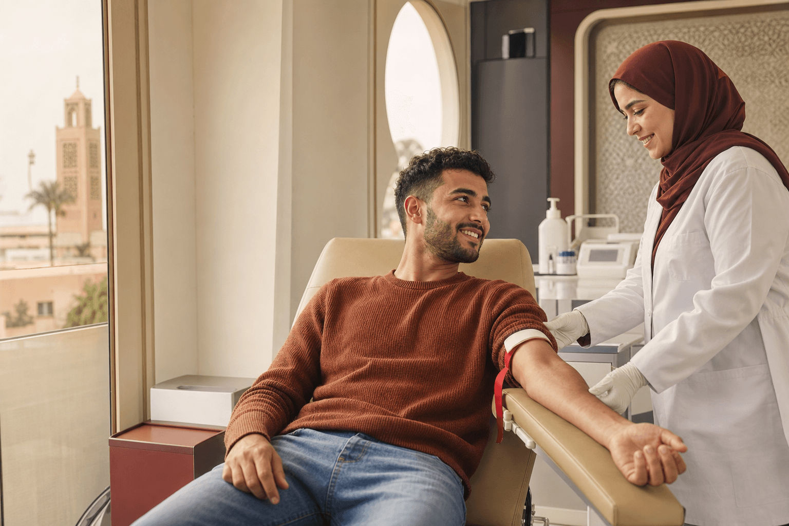 A donor supported by a healthcare professional at a Khouribga donation clinic